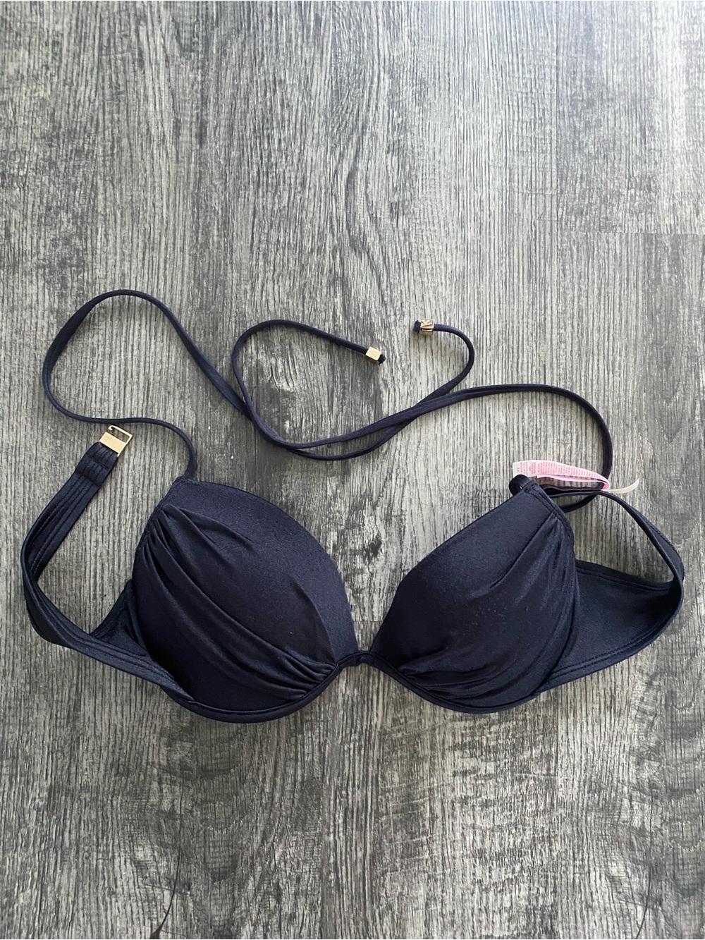 Victoria's Secret Black Tease Halter Push-Up Bikini Top | Gold Hardware 34C NWOT